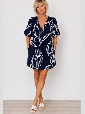 CYNTHIA ROWLEY Linen Blend Puff Sleeve Dress Navy & White Popover Style Sz S